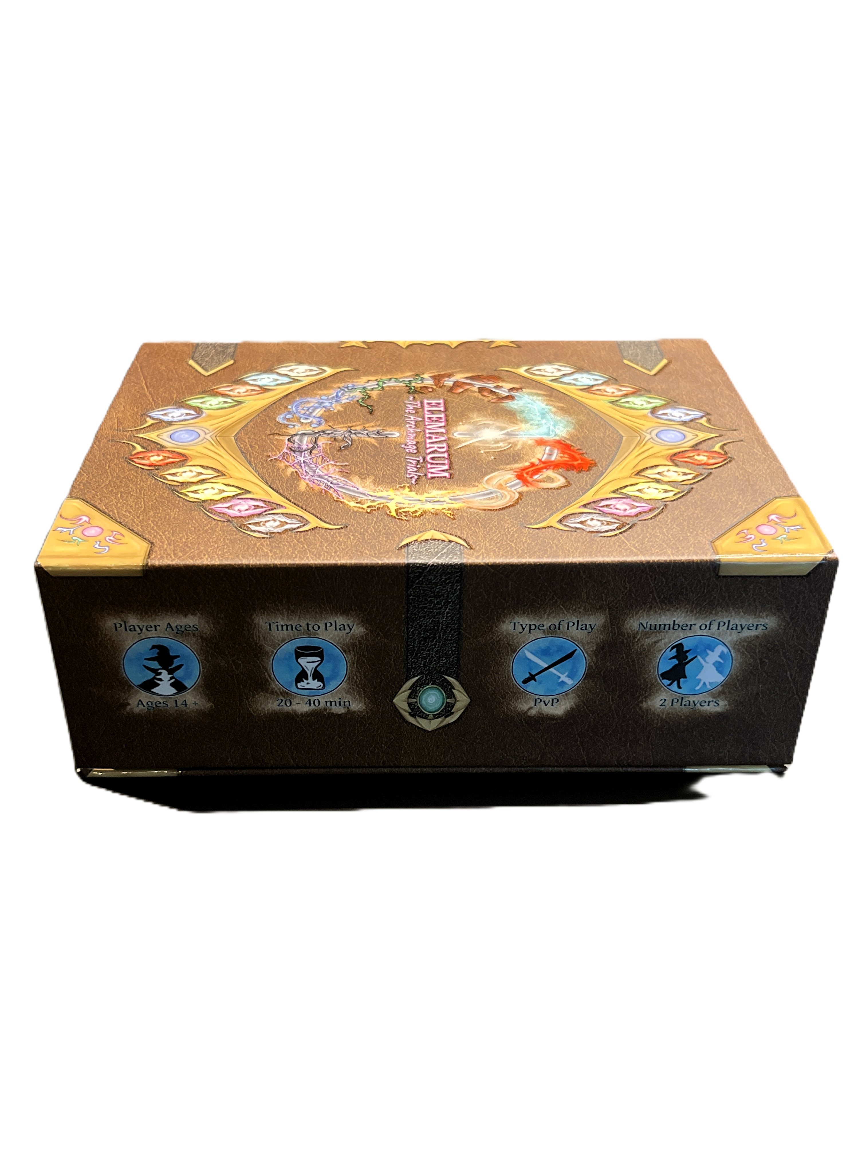 An angled picture of the Elemarum: The Archmage Trials game box.