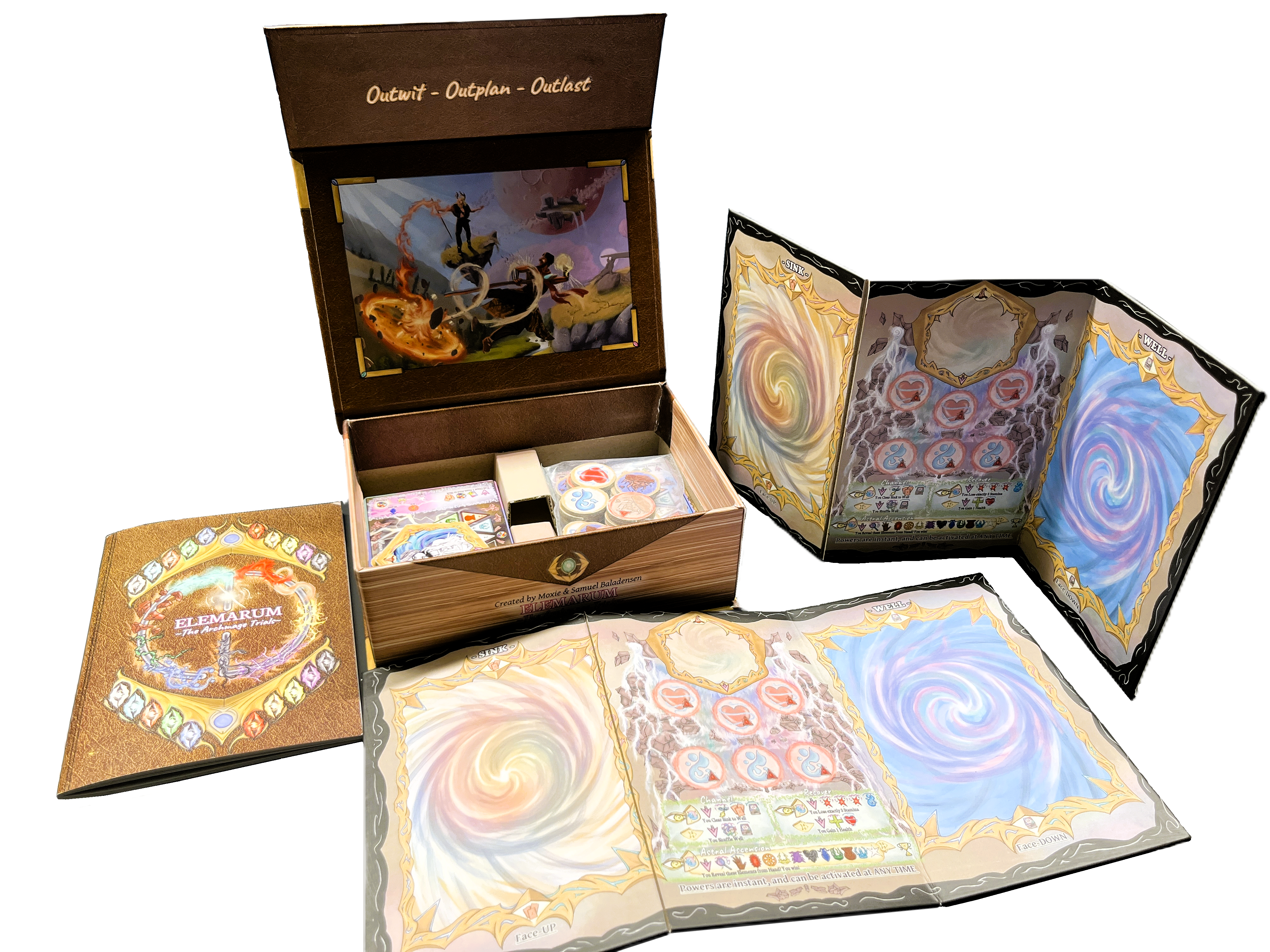 An open Elemarum: The Archmage Trials game box with some of the game's contents displayed.